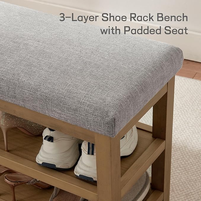 Zihanhome Shoe Rack Bench with Cushion, 2 Tier Solid Wood Storage Bench, Mid-Century Modern Shoe Bench for Entryway, Hallway, Closet, Front Door Entrance, Foyer (Grey, 46.5")