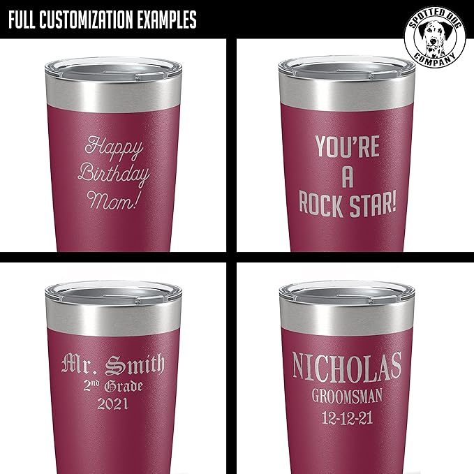 Personalized 20oz (17 Colors) Powder Coated Insulated Stainless Steel Tumbler with Lid, Custom Etched, Customized Text Message Name, Engraved Gift Idea Women Men Him Her, Your Text Here (Maroon)