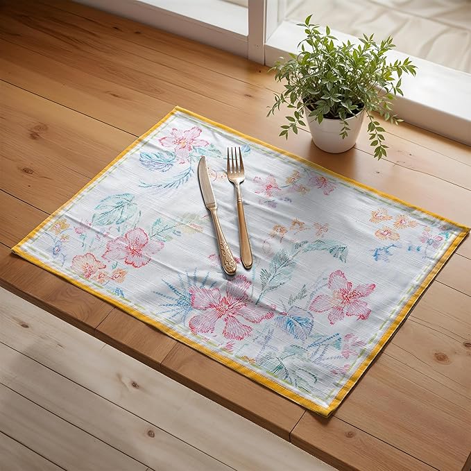 Maison d' Hermine Placemats Set of 4 100% Cotton Washable Cloth Place Mats, Reusable Table Mats for Kitchen Dining Decoration, Party, Wedding, Restaurant Spring/Summer (Paradise Island, 13" x 19")