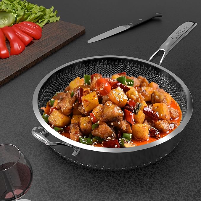 316L Stainless Steel 8QT Frying Pan Hexagon Nonstick Wok with Lid,Single Handle to Hold, PFOA Free, Dishwasher Oven Safe (8QT/Single Handle)