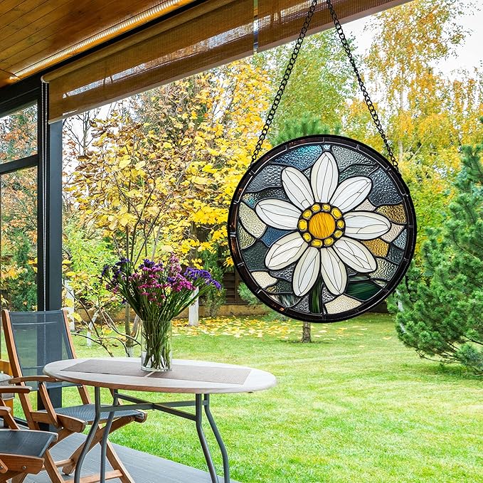 Stained Glass Window Hanging - Yellow White Daisy Birth Flower Suncatcher for Door Garden Yard Sun Catchers Decor Christmas Mother's Day Birthday Gifts for Teacher Women Mom Nana 6.3 in