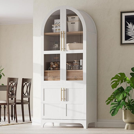 GDFStudio Mariah 71" Tall Arched Kitchen Pantry Cabinet with Hidden Drawer, Glass Door & Adjustable Shelves, Farmhouse Storage Cabinet Cupboard for Kitchen Dining Room, Home Pantry Storage, White