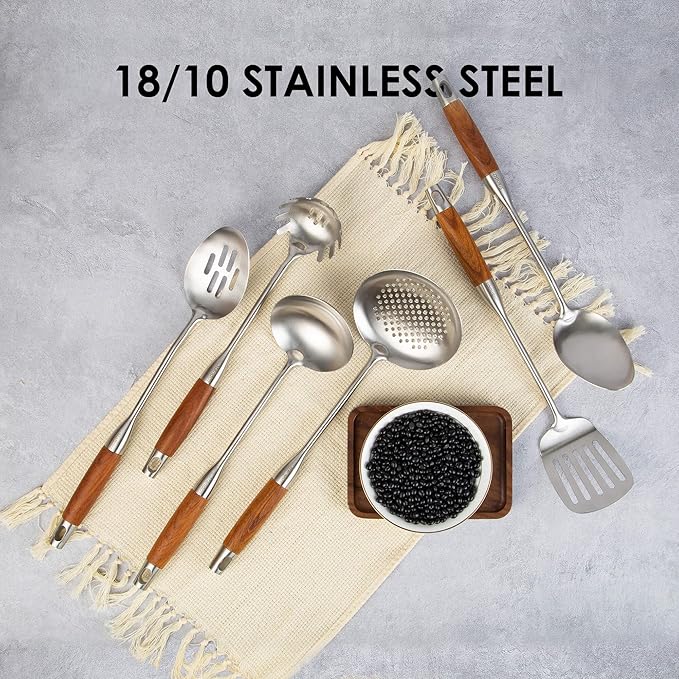 18/10 Stainless Steel Kitchen Utensils Set with Wood Handle - 15??Long Metal Cooking Tools - Serving Solid/Slotted Spoon, Tunner, Skimmer, Soup Ladle, Spaghetti Spoon, Large Spoons Set of 6