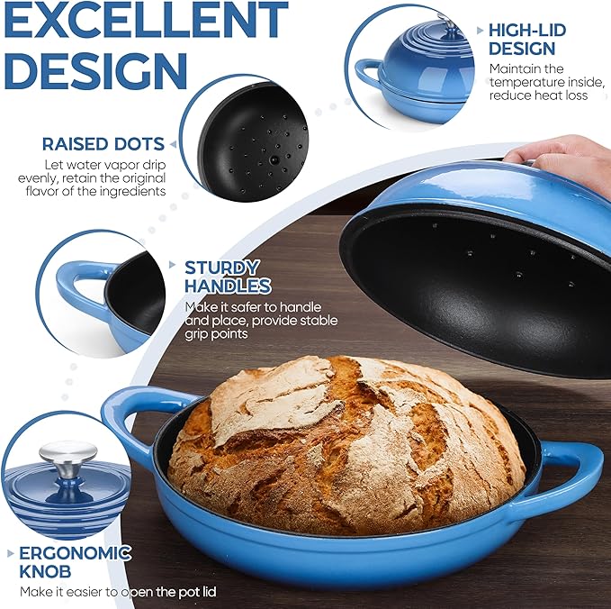 E-far Dutch Oven for Sourdough Bread Baking, 6 Qt Round Enameled Cast Iron Dutch Oven for Homemade Artisan Bread, Dome Lid & Shallow Base, Matte Black Interior & Durable, Oven-Safe to 500?? Blue