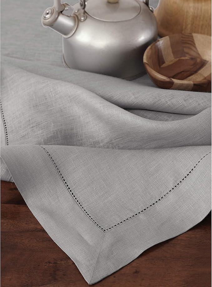 Solino Home Linen Soft Grey Tablecloth 60 x 132 Inch - Classic Hemstitch, 100% Pure Linen Rectangular Tablecloth - Machine Washable Table Cloth for Winter, Spring, Easter