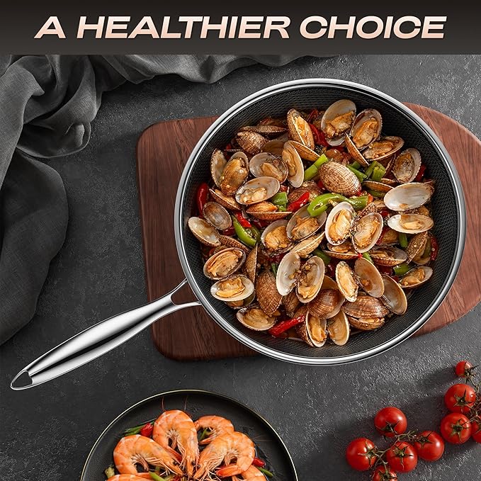 Wok,Hybrid 12-Inch Wok with Lid,Nonstick Stainless Steel Woks & Stir-fry pans,Dishwasher-Friendly,PFAS PFOA PTFE Free, Oven-Safe Up to 600째F,Compatible with All Cooktops