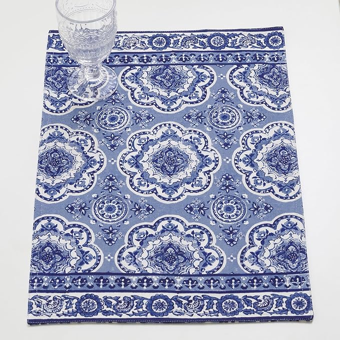Maison d' Hermine Placemats Set of 2 100% Cotton Washable Cloth Place Mats, Reusable Table Mats for Kitchen Dining Decoration, Party, Wedding, Restaurant Spring/Summer (Melodie Bleue, 13" x 19")