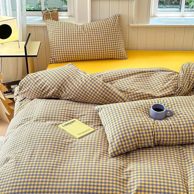 LifeTB Gingham Comforter Set King Modern Style Checkered Plaid Printed Bedding Comforter Set 3 Pieces Boho Grid Comforter King Fluffy Soft Purple Yellow Gingham Bedding Comforter with 2 Pillowcases