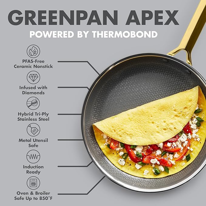 GreenPan Hybrid 13 Piece Nonstick Stainless Steel Cookware Set, APEX Tri-Ply Thermobond PFAS-Free Ceramic Pots & Pans, Induction & All Cooktop Compatible, Oven Temp to 850째F, Dishwasher Safe, Gold