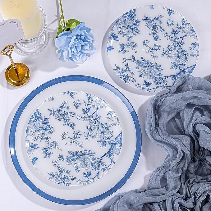EI 60pcs Blue and White Floral Plastic Plates Fancy Blue Floral Disposable Heavy Duty,10.25inch Dinner Plate and 7.5inch Dessert Plate,Disposable Nice Plastic Plates for Party,Wedding(Value,Elegant )