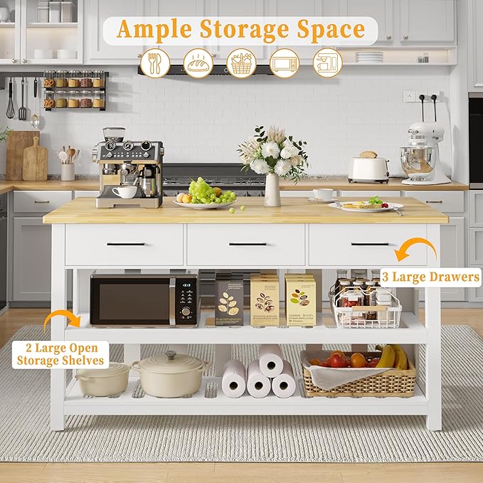 60" Solid Rubberwood Kitchen Island with Power Outlets - Extra Large Work Surface, 3 Drawers & 2 Open Shelves Storage Cabinet for Kitchen Dining Room, Farmhouse Style (White)