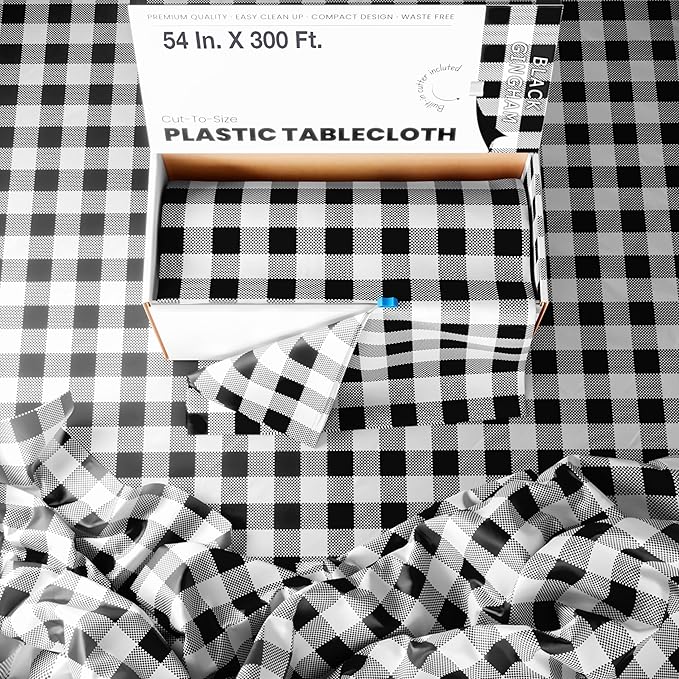 Party Solids 54 Inch X 300 Feet Black Gingham Plastic Table Cover Roll in A Cut - to - Size Box with Convenient Slide Cutter. Cuts Up to 36 Rectangle 8 Feet Plastic Disposable Tablecloths