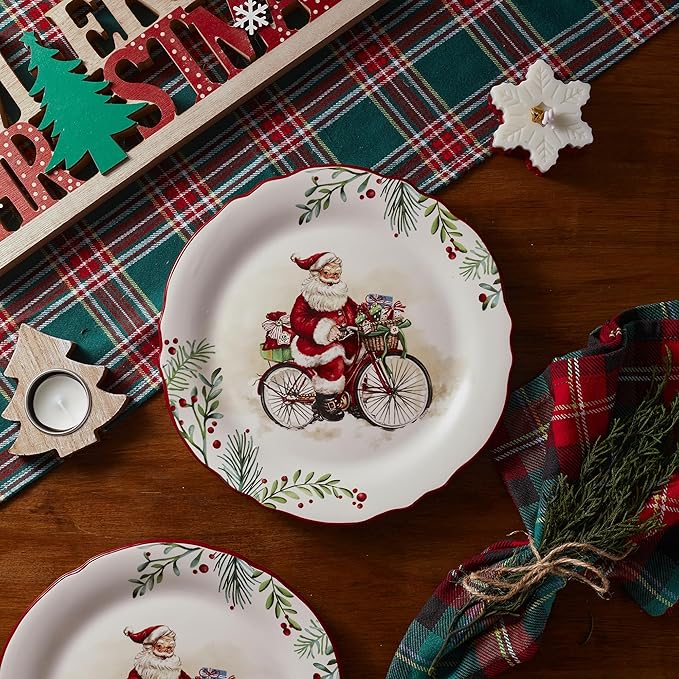 Bico Santa On The Way Scalloped Salad Plates Set of 4, 8.75 Inch Ceramic Dessert Plates for Salad, Appetizer, Side Dishes, Microwave and Dishwasher Safe, Gift for Housewarming and Christmas