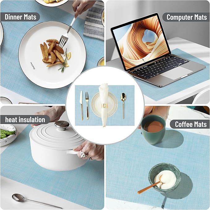 Blue Placemats Set of 8 Durable Heat Resistant Non-Slip Washable Place Mats PVC Vinyl Woven Table Mats for Dining Table 12 x 17 Inch