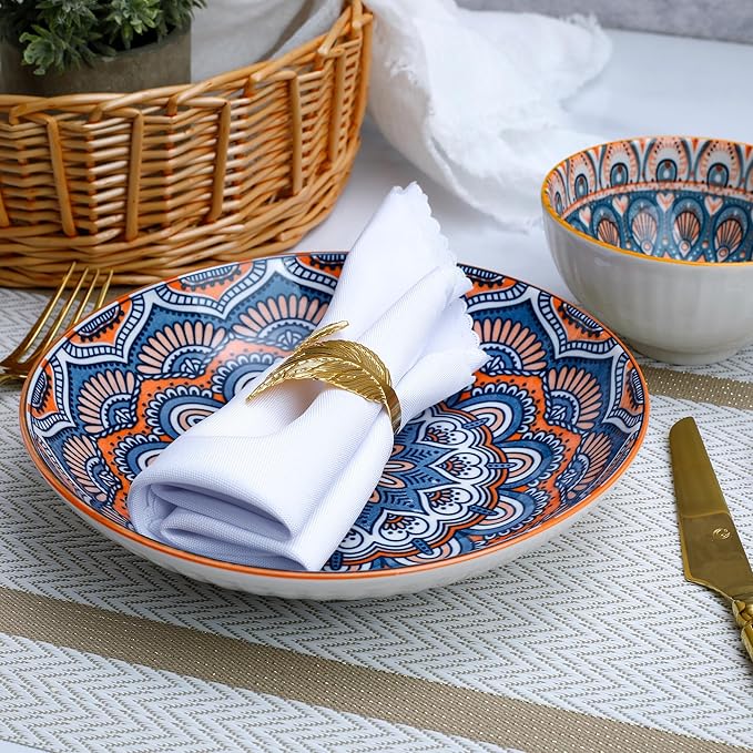 Bohemian Style Porcelain Dinnerware Set, 12-Piece Plates & Bowls, Microwave & Dishwasher Safe, Unique Pattern Gift Set