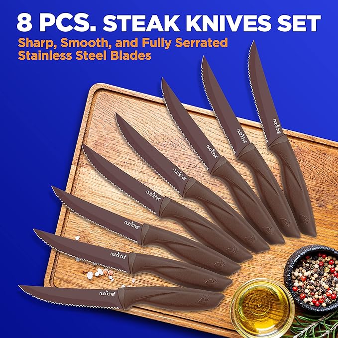 NutriChef 8 Piece Kitchen Knife Set - Multi-purpose Unbreakable Ergonomic Non-stick Stainless Steel Kitchen Steak Knives Set with Fully Serrated Blades - Great for BBQ Grill - NCSK8BW,Brown