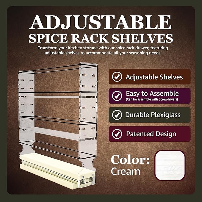Vertical Spice Adjustable Spice Rack Drawer - Pull Out Cabinet Organizer - Kitchen and Pantry Organizers and Storage - Spice Caddy - 1 Drawer, 2 Upper Tier (2.3" W x 11.25" H x 10.6" D, Cream)