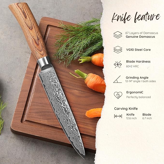 Wakoli EDIB Pro Damascus Carving Knife ??Japanese Style Meat Slicer | 6.7-Inch Blade Made of 67-Layer Damascus Steel with VG10 Core | Ergonomic Pakkawood Handle | Professional Carving Tool