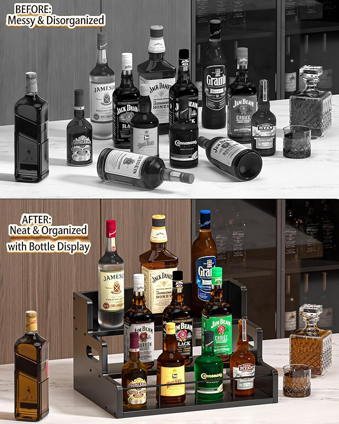 Liquor Bottle Display Shelf,Wood Syrup Organizer Rack,3 Step Countertop Organizer Wine Rack,Rustic Coffee Station Accessories for Syrup (Black)