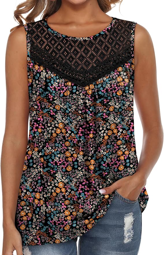 XIEERDUO Womens Tank Tops Sleeveless Lace Crochet Boho Tops Loose Fit Pleated Tunics Crewneck Summer Vacation Outfits Flowy