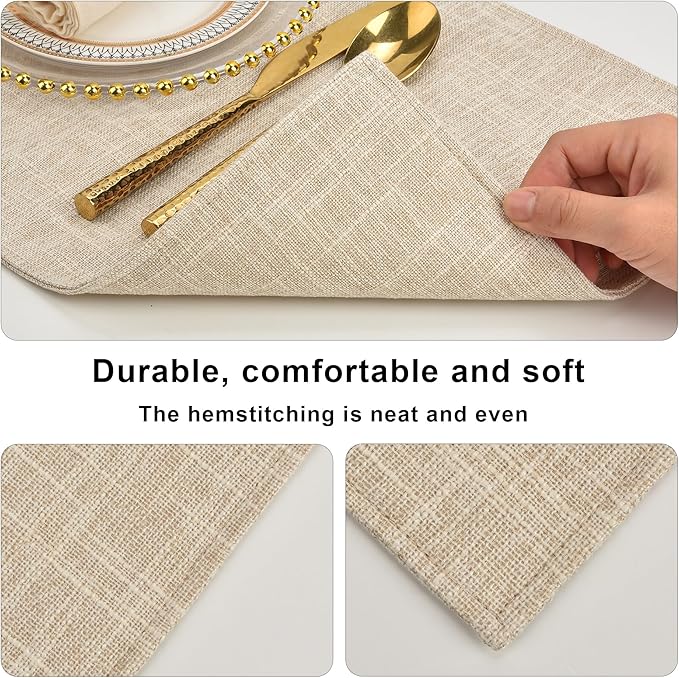 SLKQG Beige Linen-Look Fabric Placemats Set of 4, Heat Resistant & Machine Washable Double-Layered Cloth Placemats for Dining Table, Indoor/Outdoor Use, Non-Slip Kitchen Table Mats (4, Beige Cream)