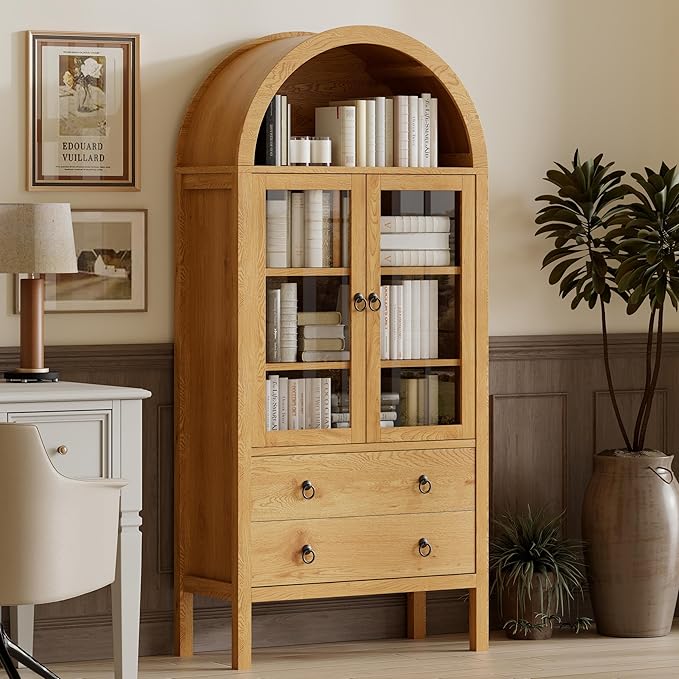 71'' Tall Arched Cabinet, Farmhouse Arched Kitchen Pantry with Doors, Arch Storage Cabinet Display Bookcase with 2 Large Drawers and Adjustable Shelves, Versatile Cupboard for Living Room