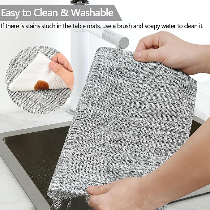 SLKQG Gray Placemats Set of 8 - Easy Clean Washable Vinyl Placemats - Wipeable Heat Resistant Table Mats for Dining Table - 17.7x11.8 Inch (8, Gray Black White)