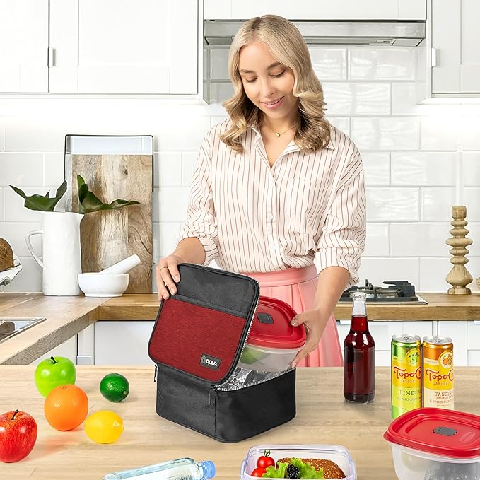 opux Insulated Lunch Bag Kids, Lunch Box for School Boy Girl, Leakproof Small Reusable Compact Soft Mini Cooler Bag, Toddler Small Lunch Boxes Kit Pail with Front Side Pockets (Red)