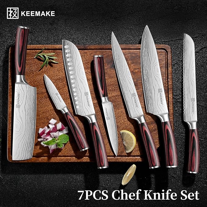 KEEMAKE Kitchen Knife Set, Ultra Sharp Chef Knife Set 7-Piece, High Carbon Stainless Steel Chefs Knife Set, Professional Knives Set for Kitchen with Pakkawood Handle and Gift Box