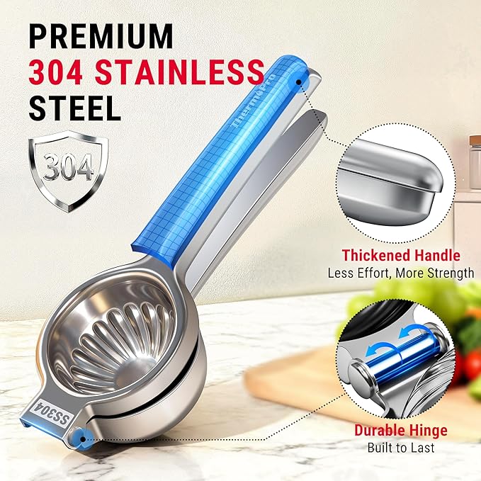 ThermoPro Lemon Lime Squeezer, 304 Stainless Steel Hand Press Citrus Juicer with Grooved Bowl & 8 Filter Holes, Heavy-Duty Hinged Handle, High Juice Yield, Easy to Use & Dishwasher Safe