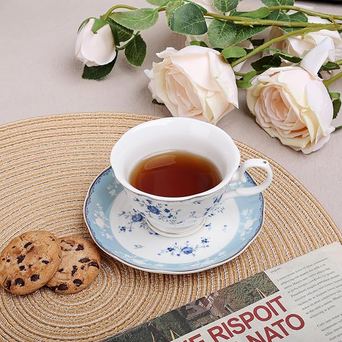 fanquare 5 Ounces Blue Rose Tea Cup Set of 6, Gold Trimmed Porcelain Coffee Cups for Party Home, Vintage British Afternoon Cup and Saucers