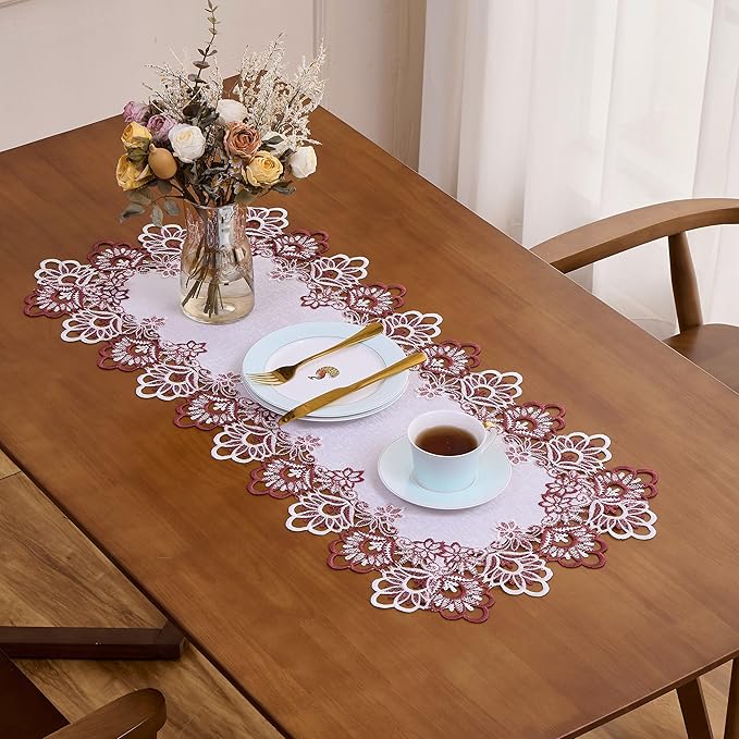 Raedan White Dark Red Jacquard Lace Table Runner 48 inches Long, Claret Dresser Scarf Table Topper for Kitchen Coffee Table Wedding Party Home Decor (Floral Dark Red, 16?쓝48??