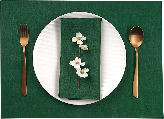 D'Moksha Homes Linen Forest Green Placemats Set of 4-100% Pure Linen Placemats 14 x 19 Inch for St Patricks Day, Easter - Handcrafted and Machine Washable