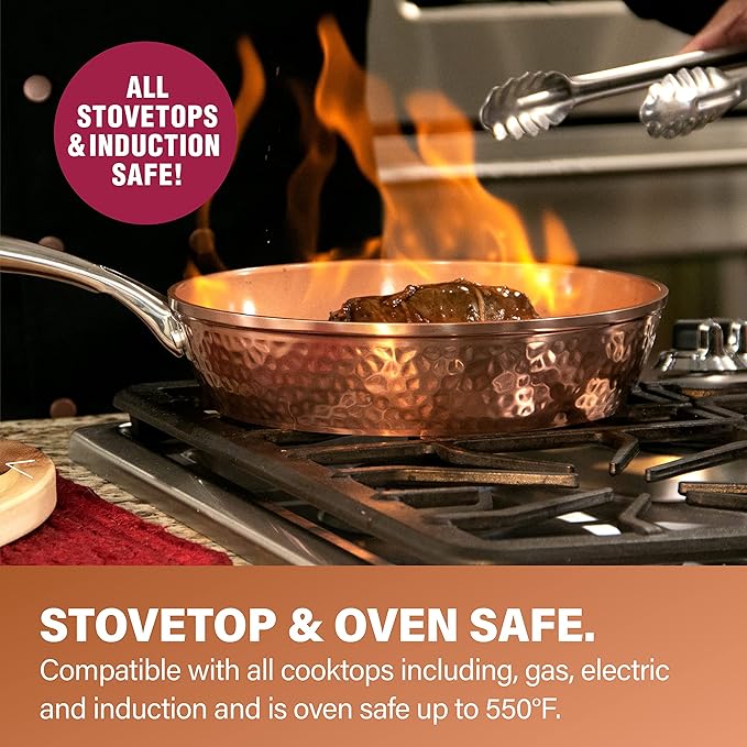 Gotham Steel Hammered 15 Pc Ceramic Cookware Set Nonstick, Deep Copper Pots and Pans Set Non Stick with Bakeware & Deep Fry Pan, Non Toxic PFOA PFOS Free, Induction Oven and Dishwasher Safe