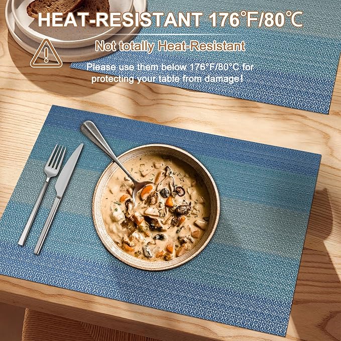 BETEAM Placemats Set of 6, Woven Vinyl Placemat for Dining Table Washable Wipeable Kitchen Place Mats Durable Indoor Outdoor Table Mats