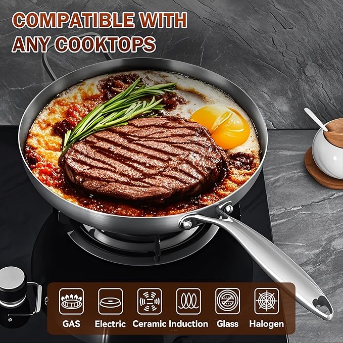 Inqibee 12 Inch Tri-Ply Stainless Steel Frying Pan with Lid and Helper Handle, Skillet, Induction Cooking Pan, Dishwasher and Oven Safe, Detachable Handle.