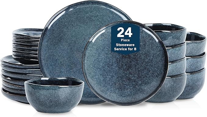 Stone Lain Mirella 24-Piece Stoneware Dinnerware Set, Service for 8 ??Reactive Glaze, Deep Blue ??Includes Dinner Plates, Salad Plates, and Bowls ??Modern Organic Design