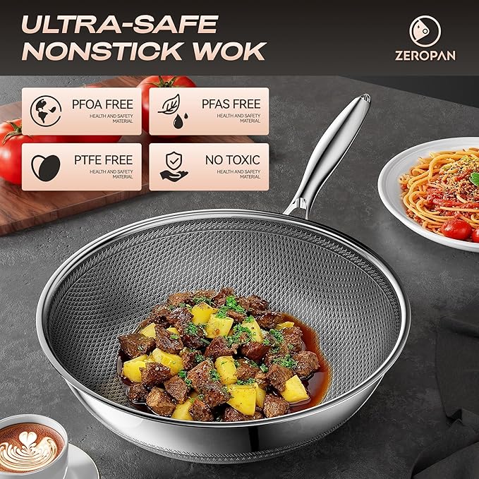 Wok,Hybrid 12-Inch Wok with Lid,Nonstick Stainless Steel Woks & Stir-fry pans,Dishwasher-Friendly,PFAS PFOA PTFE Free, Oven-Safe Up to 600째F,Compatible with All Cooktops