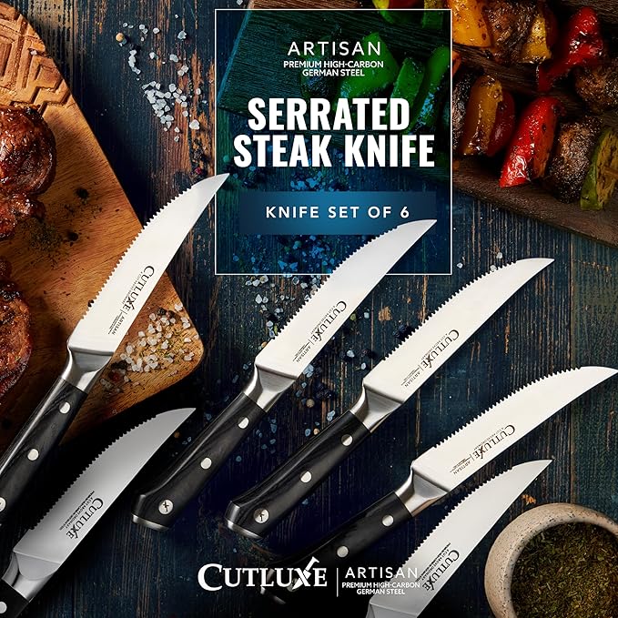 Cutluxe Steak Knives Set of 6, Serrated Steak Knives ??Forged High Carbon German Steel, Full Tang, Ergonomic Handle Design ??Artisan Series