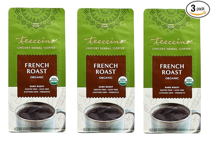 Teeccino Organic Caffeine Free Herbal Coffee, Maya French Roast, 11-Ounce Bags (Pack of 3)