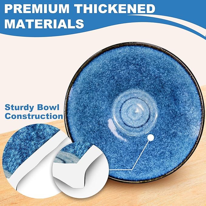 8-Inch 4 Sets Ceramic Ramen Bowl (16 Piece) - Japanese Porcelain Dishwasher Microwave Safe Salad Noodles Cereal Pasta Soup Large Bowls with Chopsticks Forks Spoons for Men Women Housewarming Gift
