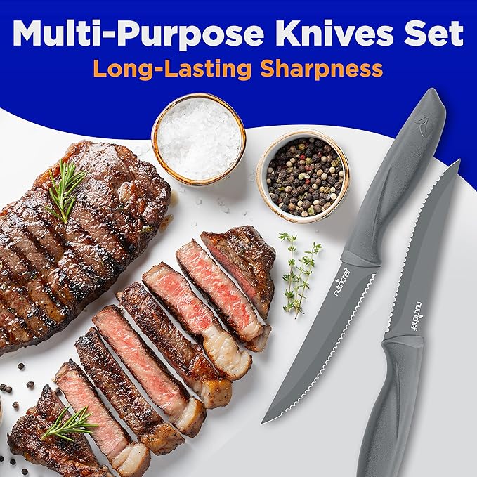 NutriChef Steak Knife Set of 8 - Premium Serrated Stainless Steel Kitchen Knife Set - Ergonomic Design, Sharp Blades, Non-Stick, & Rust-Resistant - Perfect for Home, BBQ's & Restaurants Gray