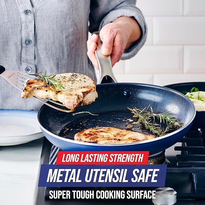 Blue Diamond Frying Pan 8??Skillet, Diamond Infused Healthy Ceramic Nonstick, PFAS and PFOA-Free, Dishwasher and Oven Safe, Even Heating, Metal Utensil Safe, Warp Control Base, Blue (Pack of 4)