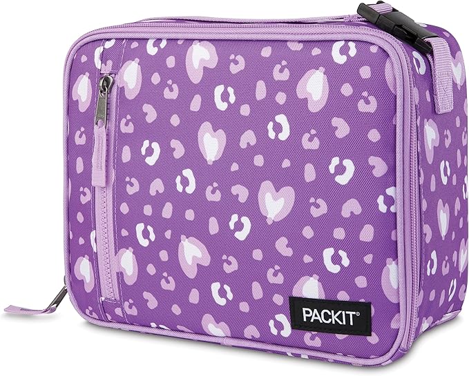 PackIt짰 Freezable Classic Lunch Box, Leopard Hearts Purple, Built with EcoFreeze짰 Technology, Reusable, Zip Closure With Zip Front Pocket and Buckle Handle, Designed for Fresh Lunch On the Go