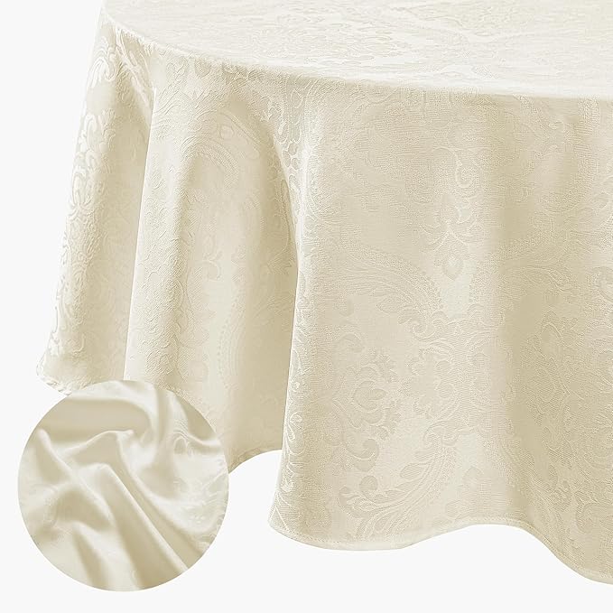 Elrene Home Fashions Caiden Elegance Damask Waterproof, Stain & Wrinkle Resistant Fabric Tablecloth, 90" Round, Ivory