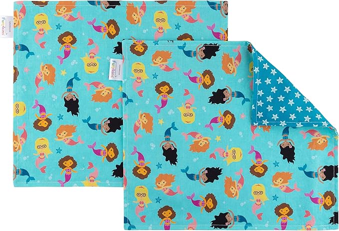 Funkins Reusable Cloth Placemats for Kids & Lunch Boxes | Reusable, Eco-Friendly | 15"x13", 2-ply, Thick, Absorbent, Machine Washable | Set of 2 Placemats (Mermaids)