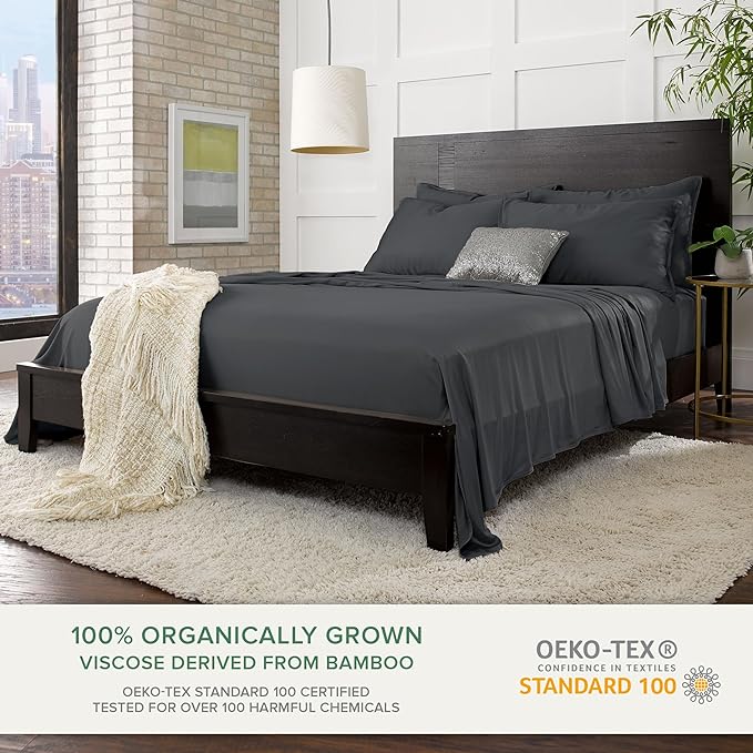 Pure Bamboo Full Sheets, Genuine 100% Organic Viscose Derived from Bamboo Bed Sheet Set, Luxuriously Soft & Cooling, Double Stitching, 2 Year Quality Promise (Full, Charcoal)