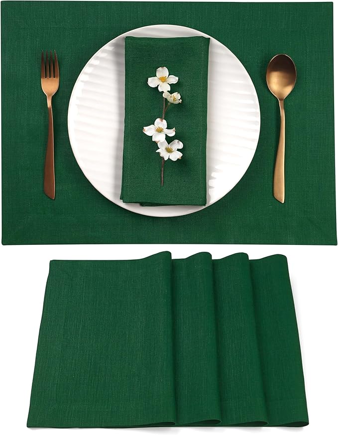D'Moksha Homes Linen Forest Green Placemats Set of 4-100% Pure Linen Placemats 14 x 19 Inch for St Patricks Day, Easter - Handcrafted and Machine Washable