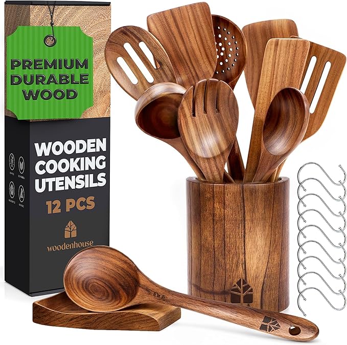 Wooden Spoons for Cooking ??Wooden Cooking Utensils Set with Holder, Spoon Rest & Hooks, Teak Wood Nonstick Kitchen Cookware ??Durable Set of 12pcs by Woodenhouse