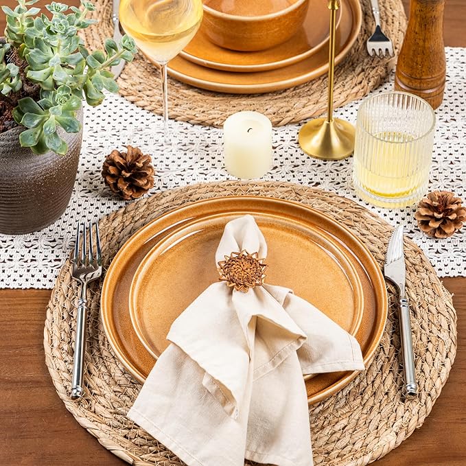 GBHOME Ceramic Dinnerware Sets for 8, 24 Pieces Stoneware Plates and Bowls Sets, Scratch Resistant Dishes, Dishwasher & Microwave Safe, Reactive Glaze-Amber